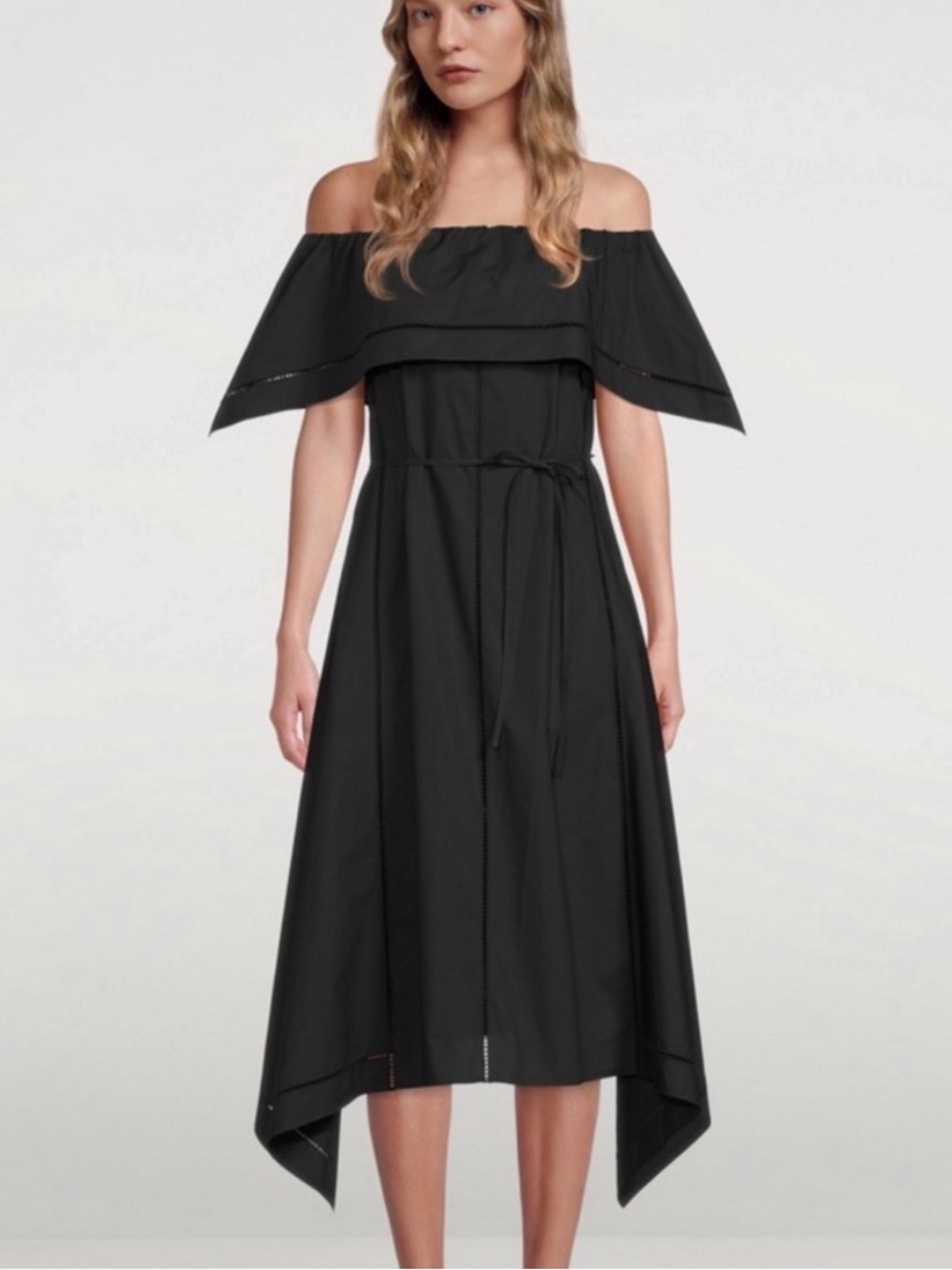 -Theory Cotton Eyelet Midi Off The Shoulder Black Dress.